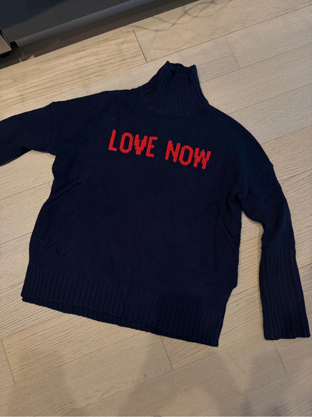 Zadig & Voltaire Navy Turtleneck Sweater with Red 'LOVE NOW' Text